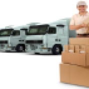 3D rendering of a messenger with eight white trucks parked as background